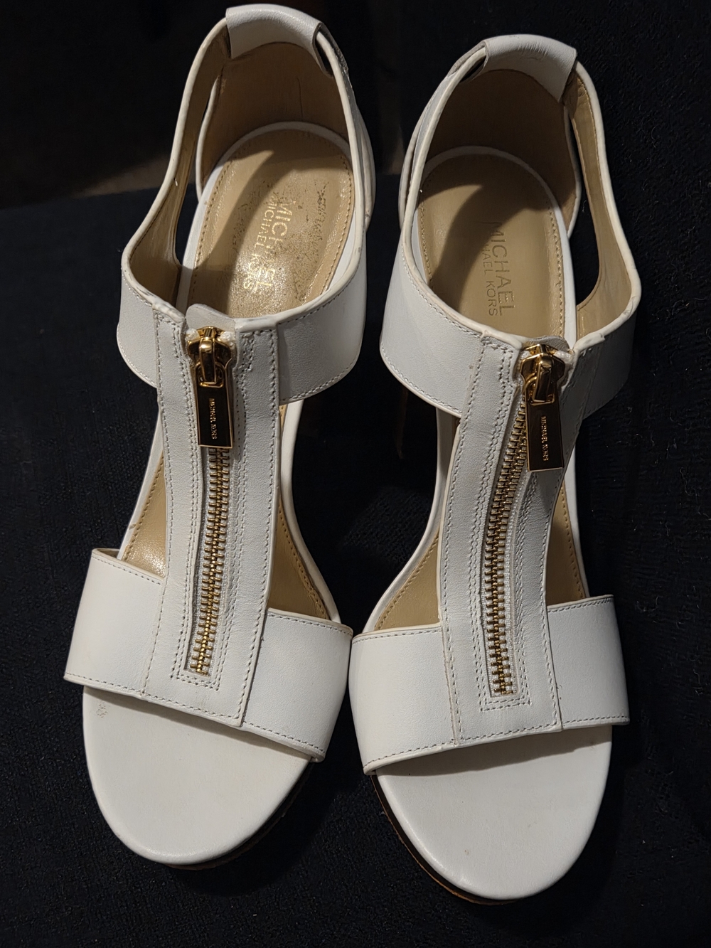 Michael Kors White Leather T-Strap Sandals with Gold Zip